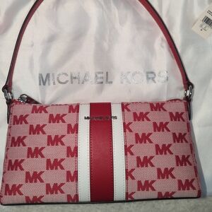 Michael Kors Pink and White Shoulder Bag Logo Jacquard Silver Hardware NWT